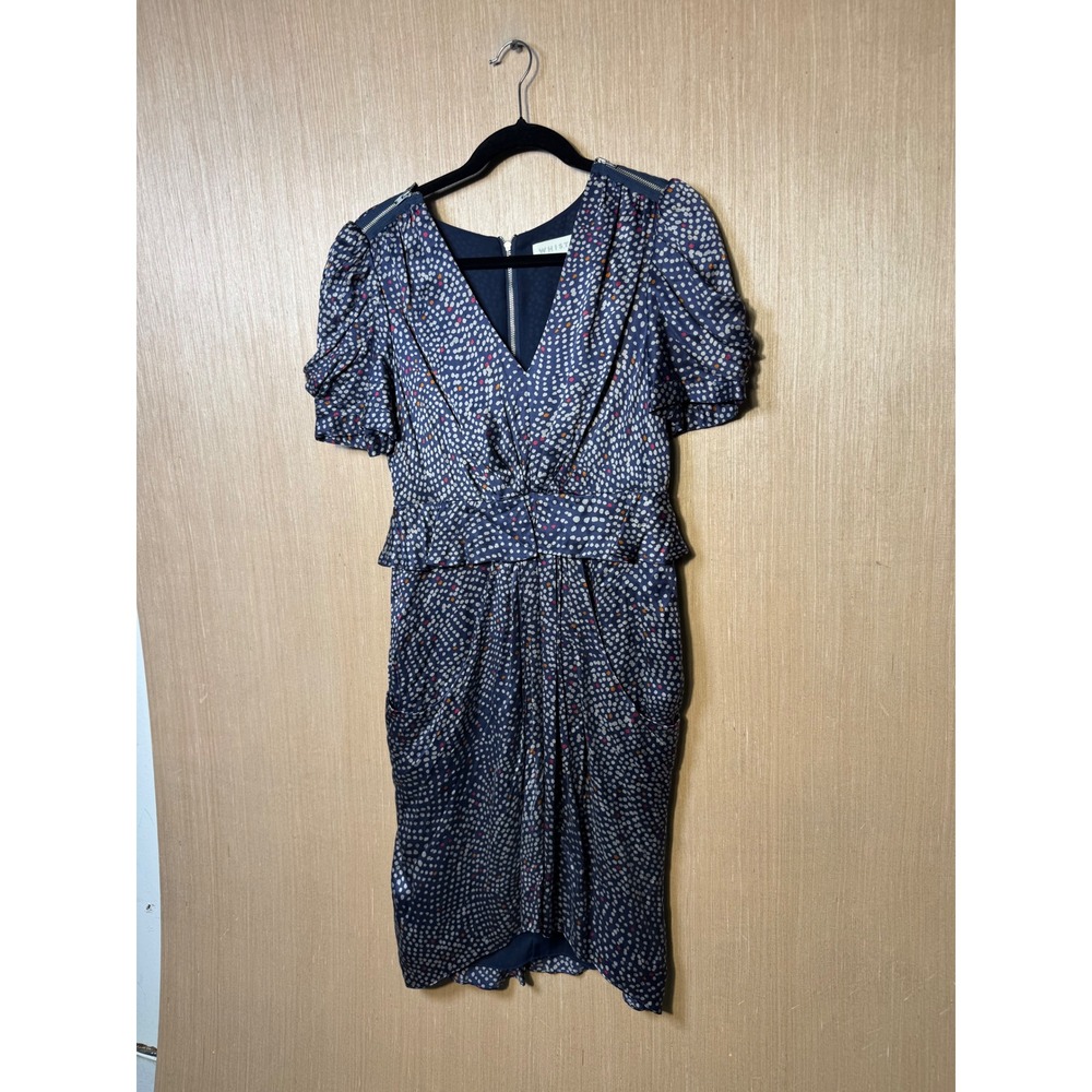 Whistles 100% Silk Navy Blue Polka Dot Peplum Sheath Dress Womens US 6 UK 10